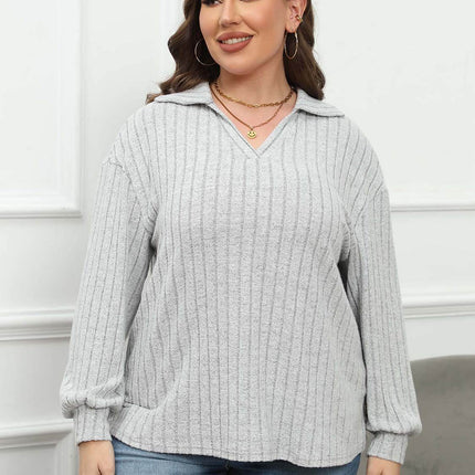 Plus Size Ribbed Collared Neck Long Sleeve Blouse - MimiStylez