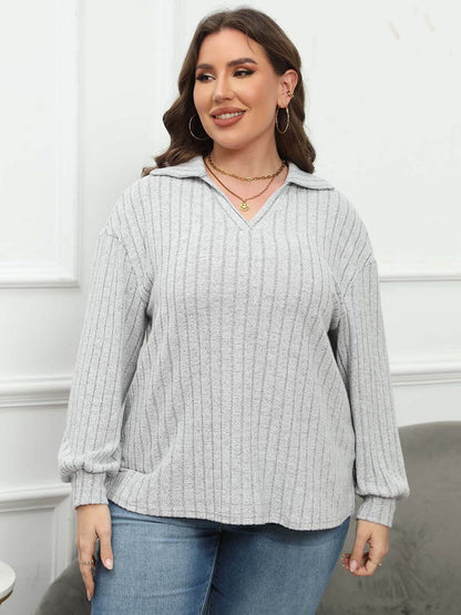 Plus Size Ribbed Collared Neck Long Sleeve Blouse - MimiStylez