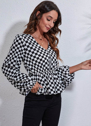 Checkered V-Neck Balloon Sleeve Peplum Blouse - MimiStylez