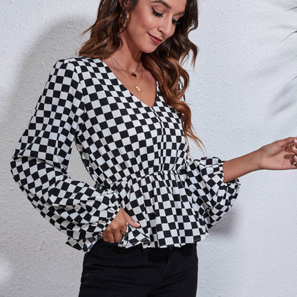Checkered V-Neck Balloon Sleeve Peplum Blouse - MimiStylez