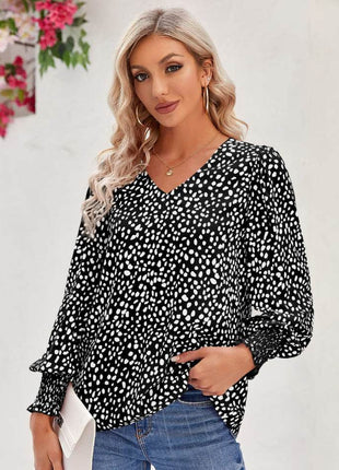Printed V-Neck Lantern Sleeve Blouse - MimiStylez