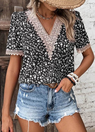 Full Size Printed V-Neck Short Sleeve Blouse - MimiStylez