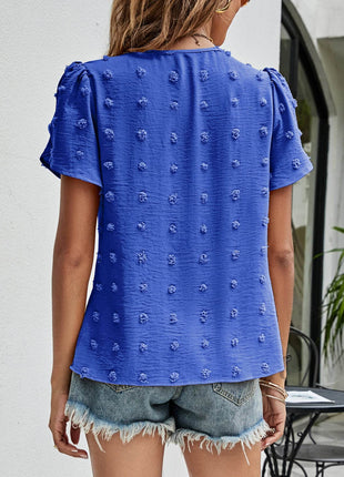 Swiss Dot Round Neck Petal Sleeve Top - MimiStylez