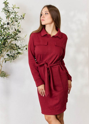 Culture Code Full Size Tie Front Half Zip Long Sleeve Shirt Dress - MimiStylez