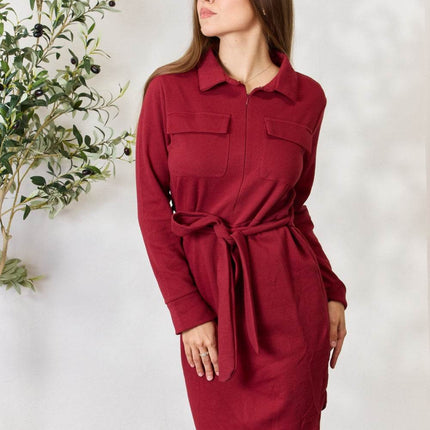 Culture Code Full Size Tie Front Half Zip Long Sleeve Shirt Dress - MimiStylez