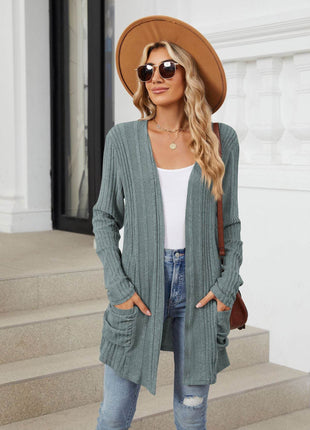 Pocketed Open Front Long Sleeve Cardigan - MimiStylez