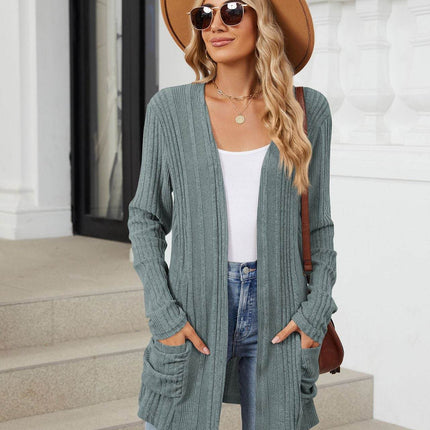 Pocketed Open Front Long Sleeve Cardigan - MimiStylez
