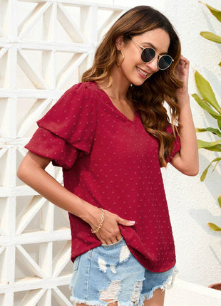 Swiss Dot V-Neck Short Sleeve Blouse - MimiStylez