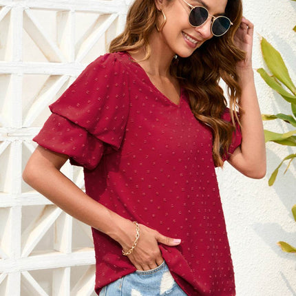 Swiss Dot V-Neck Short Sleeve Blouse - MimiStylez