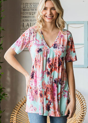 Heimish Full Size Floral V-Neck Short Sleeve Babydoll Blouse - MimiStylez