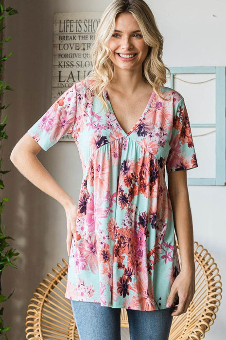 Heimish Full Size Floral V-Neck Short Sleeve Babydoll Blouse - MimiStylez