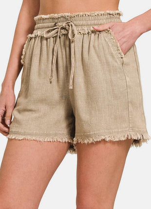 Zenana Washed Linen Frayed Hem Drawstring Shorts - MimiStylez
