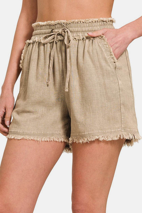 Zenana Washed Linen Frayed Hem Drawstring Shorts - MimiStylez