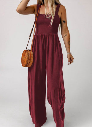 Smocked Square Neck Wide Leg Jumpsuit with Pockets - MimiStylez
