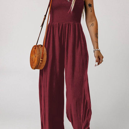 Smocked Square Neck Wide Leg Jumpsuit with Pockets - MimiStylez