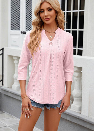 Eyelet Notched Knit Jacquard Top - MimiStylez