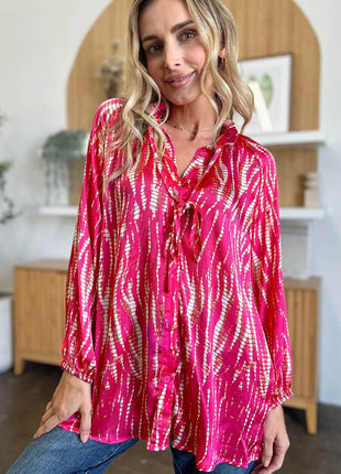 Double Take Full Size Printed Button Up Long Sleeve Shirt - MimiStylez