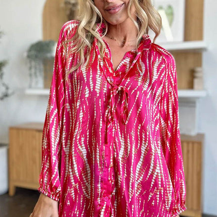 Double Take Full Size Printed Button Up Long Sleeve Shirt - MimiStylez