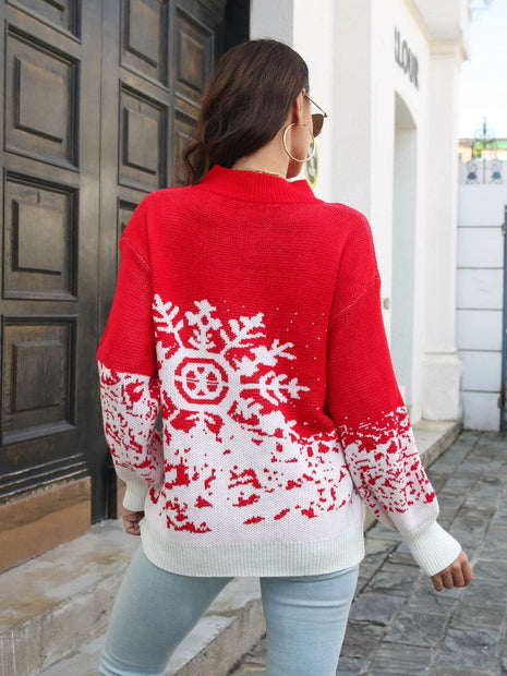 Snowflake Pattern Mock Neck Sweater - MimiStylez