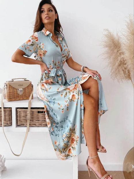 Printed Tie Waist Short Sleeve Midi Shirt Dress - MimiStylez