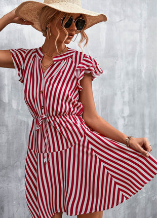 Ruffled Striped Cap Sleeve Mini Dress - MimiStylez
