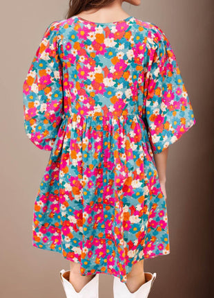 Floral Tie Neck Puff Sleeve Mini Dress - MimiStylez