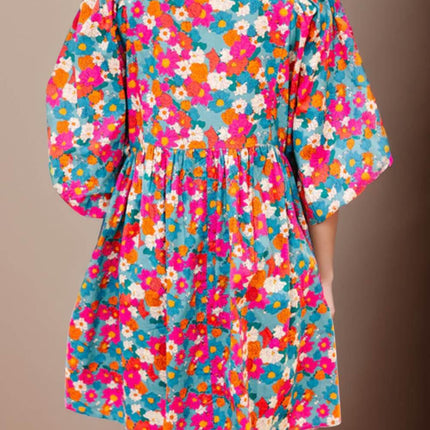 Floral Tie Neck Puff Sleeve Mini Dress - MimiStylez
