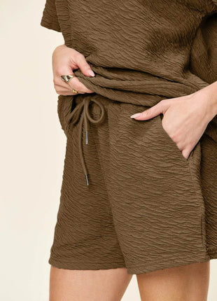 Double Take Full Size Texture Short Sleeve T-Shirt and Drawstring Shorts Set - MimiStylez