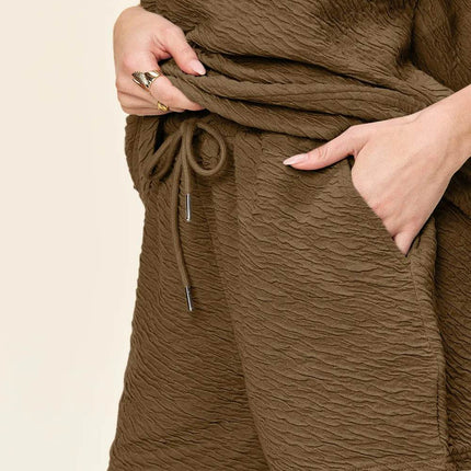 Double Take Full Size Texture Short Sleeve T-Shirt and Drawstring Shorts Set - MimiStylez