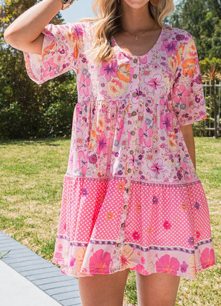 Floral Polka Dot Buttoned Mini Dress - MimiStylez