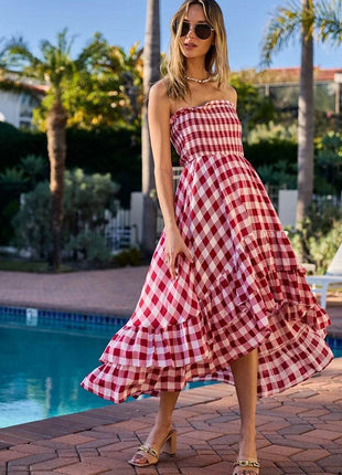 BiBi Smocked Body Off Shoulder Check Dress - MimiStylez