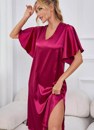 Satin Flutter Sleeve Side Slit V-Neck Night Dress - MimiStylez