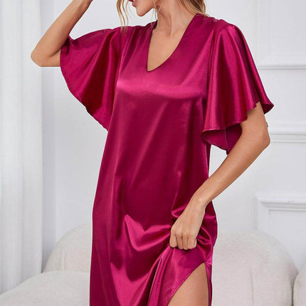 Satin Flutter Sleeve Side Slit V-Neck Night Dress - MimiStylez