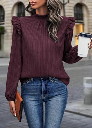 Mock Neck Ruffle Shoulder Blouse - MimiStylez