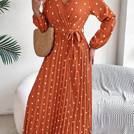 Tied Polka Dot Long Sleeve Midi Dress - MimiStylez