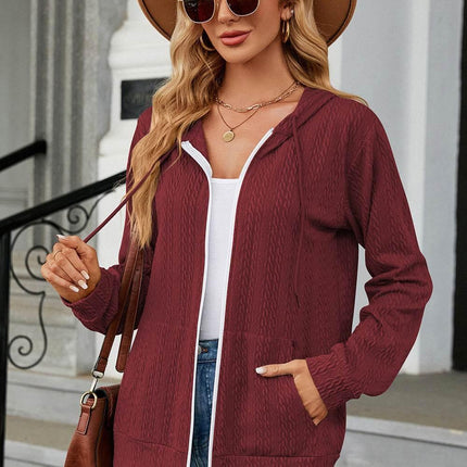 Drawstring Zip Up Long Sleeve Hoodie - MimiStylez
