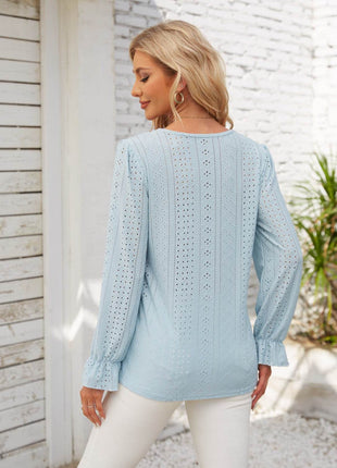 Applique V-Neck Flounce Sleeve T-Shirt - MimiStylez