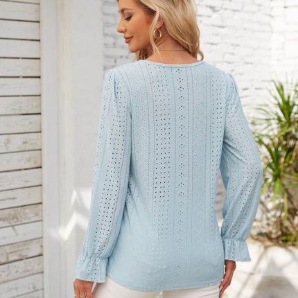 Applique V-Neck Flounce Sleeve T-Shirt - MimiStylez