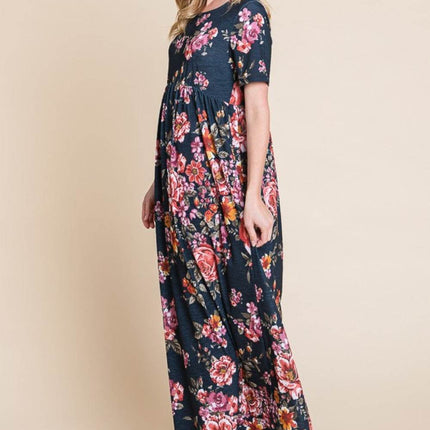 BOMBOM Floral Short Sleeve Maxi Dress - MimiStylez