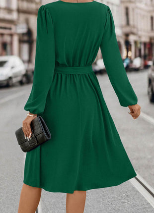 Tie Waist Notched Neck Long Sleeve Dress - MimiStylez