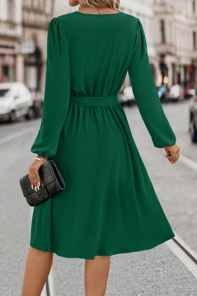 Tie Waist Notched Neck Long Sleeve Dress - MimiStylez