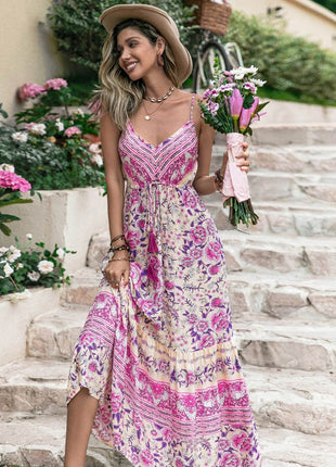 Tassel Printed V-Neck Maxi Dress - MimiStylez