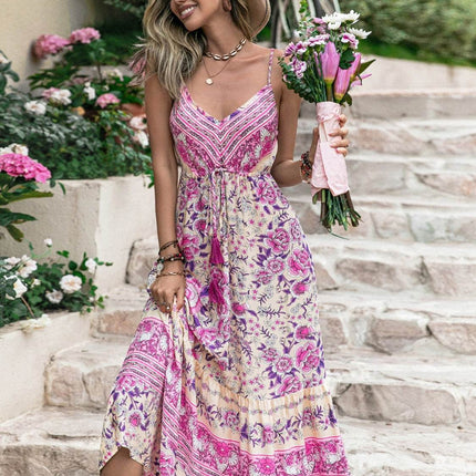 Tassel Printed V-Neck Maxi Dress - MimiStylez