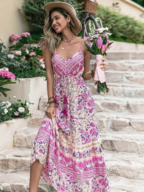 Tassel Printed V-Neck Maxi Dress - MimiStylez