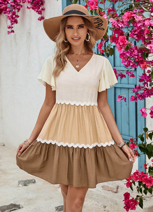 Color Block V-Neck Flutter Sleeve Mini Dress - MimiStylez