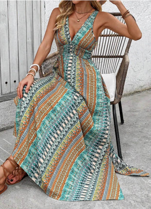 Tied Back Printed Sleeveless Maxi Slit Dress - MimiStylez