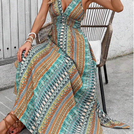 Tied Back Printed Sleeveless Maxi Slit Dress - MimiStylez