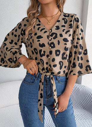 Tied Button Up Leopard V-Neck Blouse - MimiStylez
