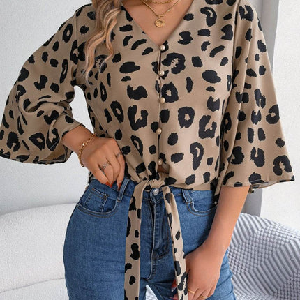 Tied Button Up Leopard V-Neck Blouse - MimiStylez