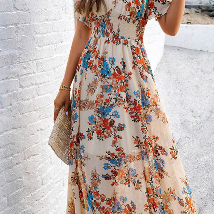 Smocked Floral V-Neck Short Sleeve Dress - MimiStylez